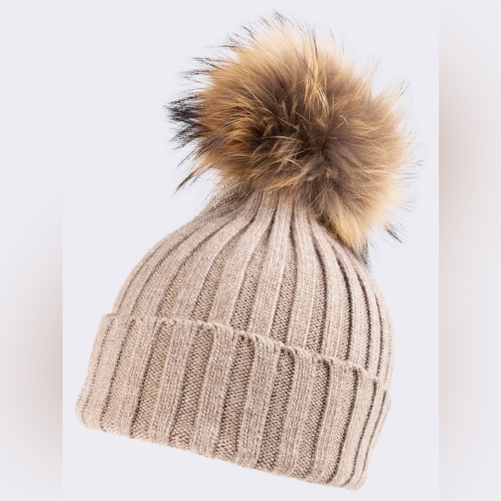Not branded Cozy Ribbed Knit Beanie with real Fur Pom Pom wool and acrylic